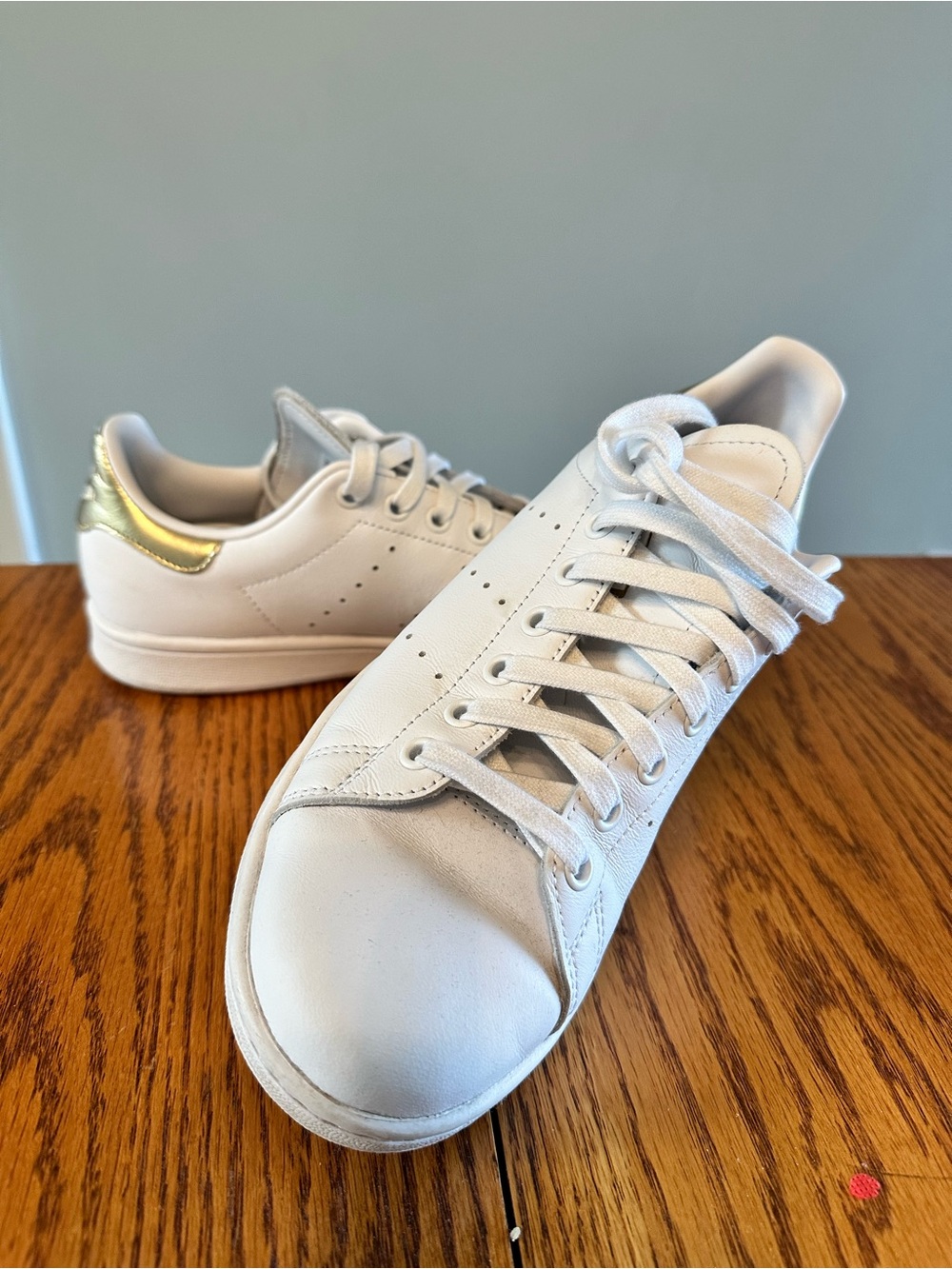 White Leather Adidas Stan Smith Women’s Sneakers with Gold Heel Accent